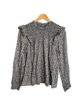 GAP Floral Smoked Ruffle Blouse Long Sleeve Blue Multi Women’s Size Medium